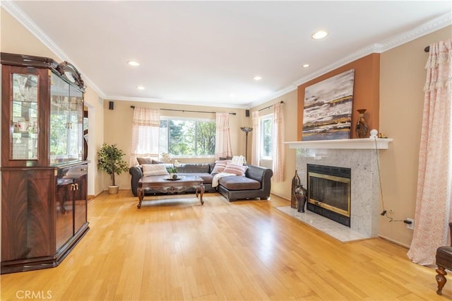11811 Louise Ave, Granada Hills, CA 91344 - living room featuring wood finished floors, a fireplace, ornamental molding, and recessed lighting