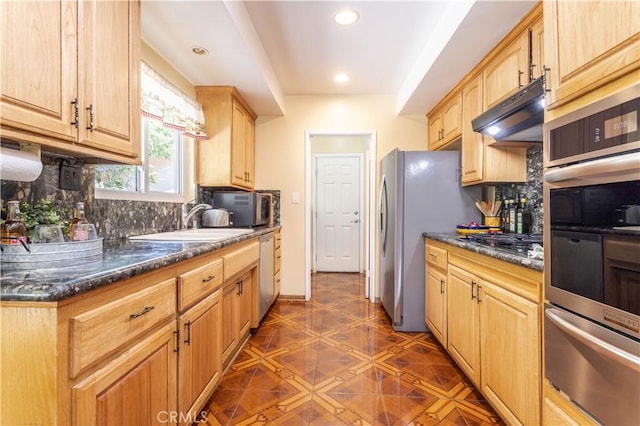 11811 Louise Ave, Granada Hills, CA 91344 - kitchen featuring a warming drawer, stainless steel appliances, under cabinet range hood, a sink, and decorative backsplash