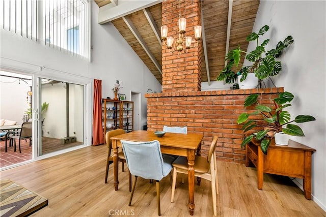 20 Mandrake Way, Irvine, CA 92612 - dining room with light wood finished floors, wood ceiling with exposed beams, a chandelier, high vaulted ceiling, and baseboards