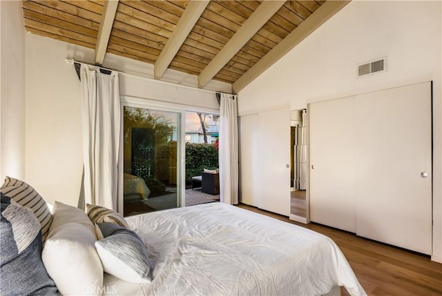 20 Mandrake Way, Irvine, CA 92612 - bedroom with access to exterior, wood finished floors, wooden ceiling with exposed beams, and high vaulted ceiling
