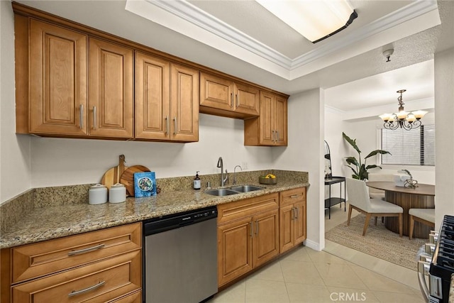70 N Catalina Ave Unit 306, Pasadena, CA 91106 - kitchen with appliances with stainless steel finishes, a sink, brown cabinets, ornamental molding, and a chandelier