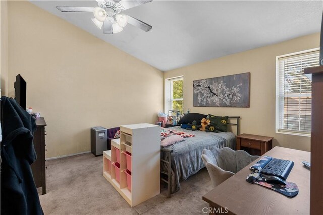 20015 Gilbert Dr, Canyon Country, CA 91351 - bedroom with lofted ceiling, light colored carpet, and a ceiling fan
