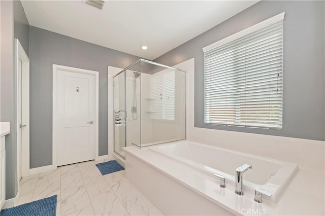 1890 Pele Way, Corona, CA 92882 - bathroom with a shower stall, a garden tub, marble look tile flooring, vanity, and baseboards