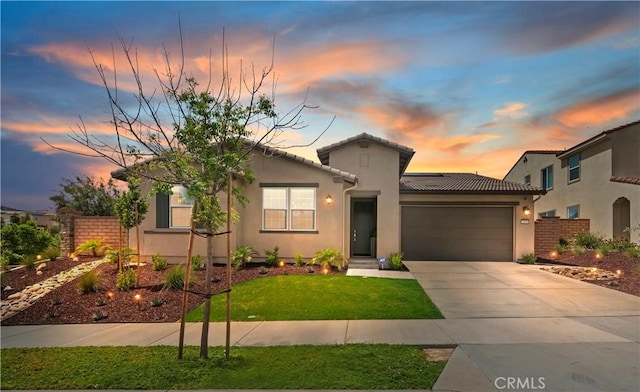 1890 Pele Way, Corona, CA 92882 - mediterranean / spanish home with an attached garage, driveway, a tile roof, and stucco siding