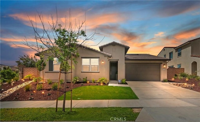 1890 Pele Way, Corona, CA 92882 - mediterranean / spanish-style house with an attached garage, concrete driveway, stucco siding, a tile roof, and a lawn