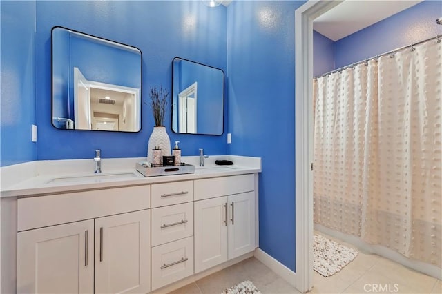 1890 Pele Way, Corona, CA 92882 - full bathroom featuring tile patterned floors, double vanity, a shower with shower curtain, and baseboards