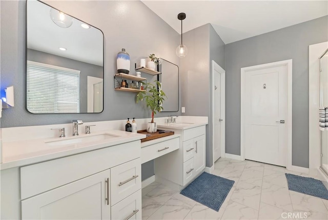 1890 Pele Way, Corona, CA 92882 - full bath with double vanity, marble finish floors, baseboards, a shower, and recessed lighting