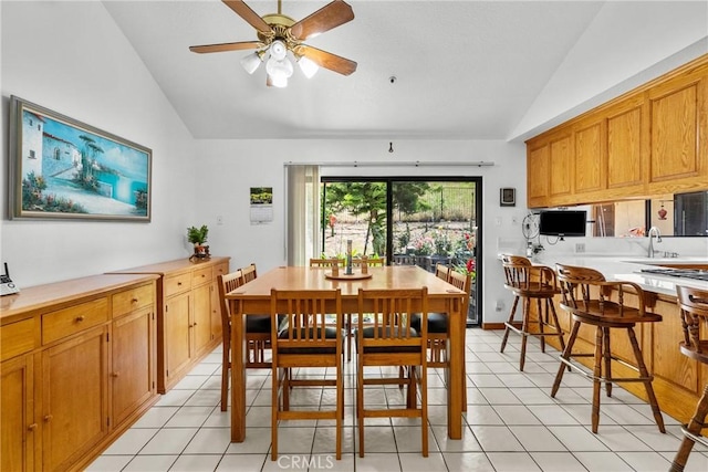 52 Hidden Valley Rd, Monrovia, CA 91016 - dining room with vaulted ceiling, ceiling fan, and light tile patterned floors