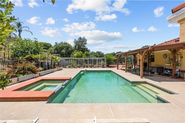 52 Hidden Valley Rd, Monrovia, CA 91016 - view of swimming pool featuring a patio area, a fenced backyard, and a pool with connected hot tub