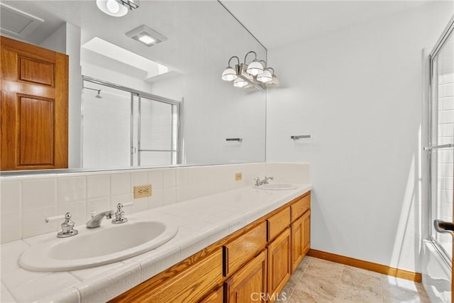 52 Hidden Valley Rd, Monrovia, CA 91016 - bathroom featuring a shower with door, double vanity, and baseboards