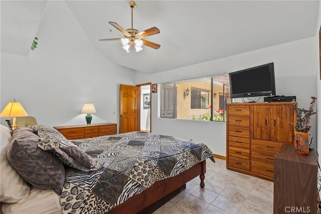 52 Hidden Valley Rd, Monrovia, CA 91016 - bedroom featuring light tile patterned floors, ceiling fan, high vaulted ceiling, and baseboards