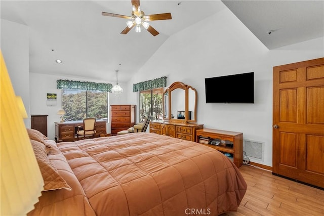 52 Hidden Valley Rd, Monrovia, CA 91016 - bedroom featuring light wood-type flooring, high vaulted ceiling, and baseboards