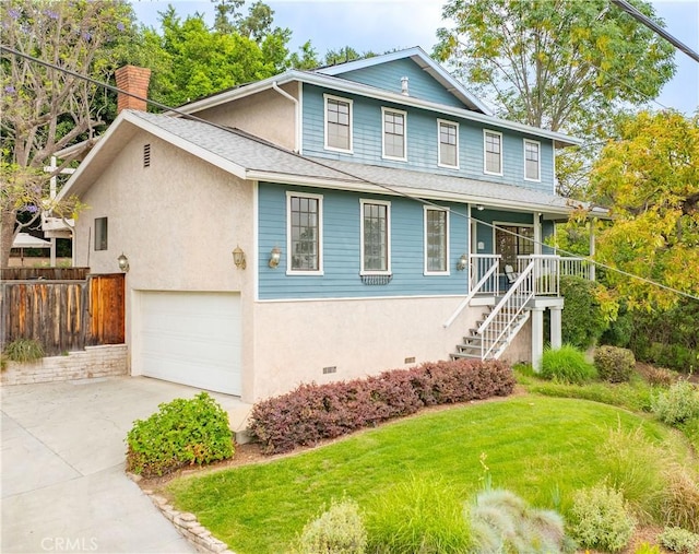 803 Crescent Dr, Monrovia, CA 91016 - view of front of home with driveway, an attached garage, stairway, stucco siding, and a chimney
