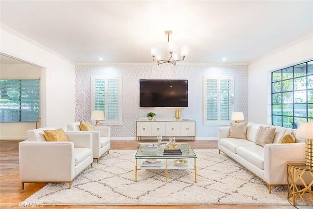 803 Crescent Dr, Monrovia, CA 91016 - living room featuring ornamental molding, a chandelier, wallpapered walls, and wood finished floors