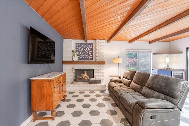 803 Crescent Dr, Monrovia, CA 91016 - living area featuring a wood ceiling with exposed beams, a fireplace, light flooring, bar area, and beverage cooler