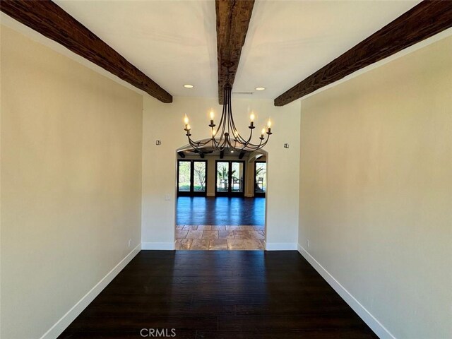1415 Via Vallarta, Riverside, CA 92506 - unfurnished dining area featuring a chandelier, beamed ceiling, wood finished floors, and recessed lighting