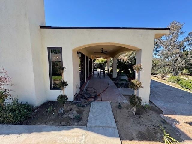 1415 Via Vallarta, Riverside, CA 92506 - entrance to property featuring stucco siding and a ceiling fan