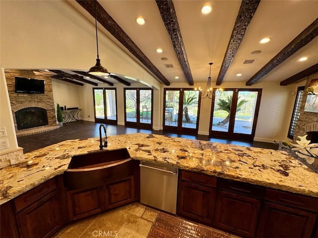 1415 Via Vallarta, Riverside, CA 92506 - kitchen featuring open floor plan, recessed lighting, a fireplace, light stone countertops, and dishwasher