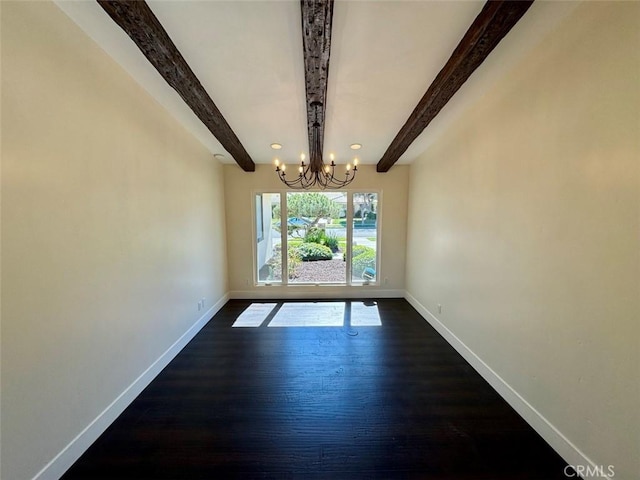 1415 Via Vallarta, Riverside, CA 92506 - unfurnished dining area featuring a chandelier, beamed ceiling, and dark wood finished floors