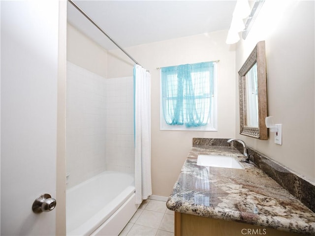 10022 Gothic Ave, North Hills, CA 91343 - bathroom with shower / tub combo with curtain, double vanity, and tile patterned floors