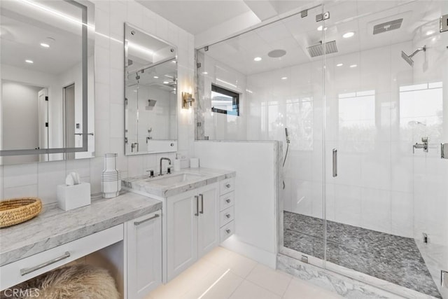 1010 Kings Rd, Newport Beach, CA 92663 - full bathroom featuring a stall shower, vanity, tile patterned floors, and recessed lighting