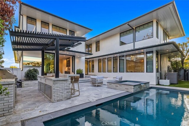 1010 Kings Rd, Newport Beach, CA 92663 - rear view of house with cooling unit, a pergola, a patio area, area for grilling, and a pool with connected hot tub