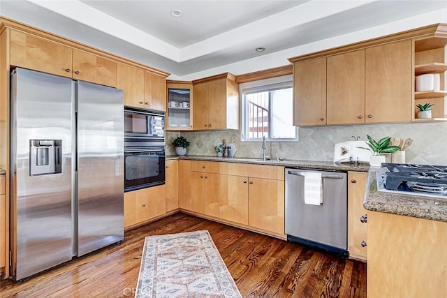 602 N Juanita Ave Unit A, Redondo Beach, CA 90277 - kitchen with black appliances, a sink, open shelves, dark wood finished floors, and recessed lighting