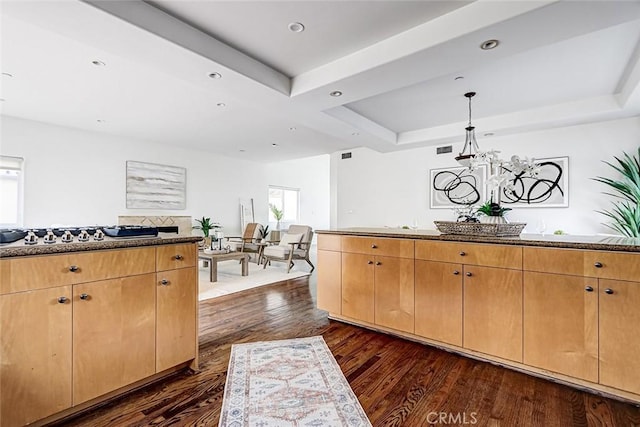 602 N Juanita Ave Unit A, Redondo Beach, CA 90277 - kitchen with dark wood-style floors, a raised ceiling, a chandelier, gas stovetop, and decorative light fixtures