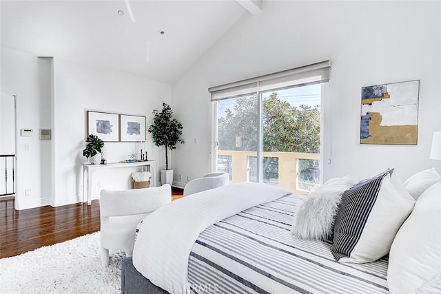 602 N Juanita Ave Unit A, Redondo Beach, CA 90277 - bedroom featuring access to outside, wood finished floors, high vaulted ceiling, beamed ceiling, and baseboards