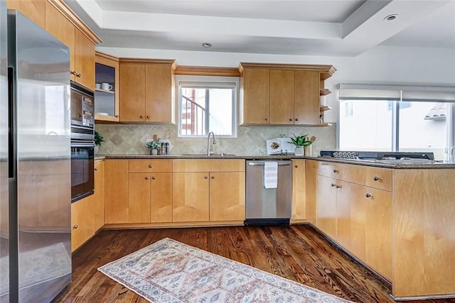 602 N Juanita Ave Unit A, Redondo Beach, CA 90277 - kitchen featuring black appliances, open shelves, dark wood-style flooring, a peninsula, and a tray ceiling