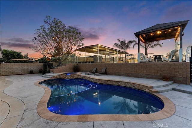 5080 Pinto Pl, Norco, CA 92860 - view of swimming pool with a gazebo, a fenced backyard, a patio, and a pool with connected hot tub
