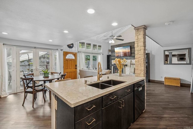 3404 Oak Cliff Dr Unit 8, Fallbrook, CA 92028 - kitchen featuring a sink, dishwashing machine, a ceiling fan, french doors, and dark wood finished floors