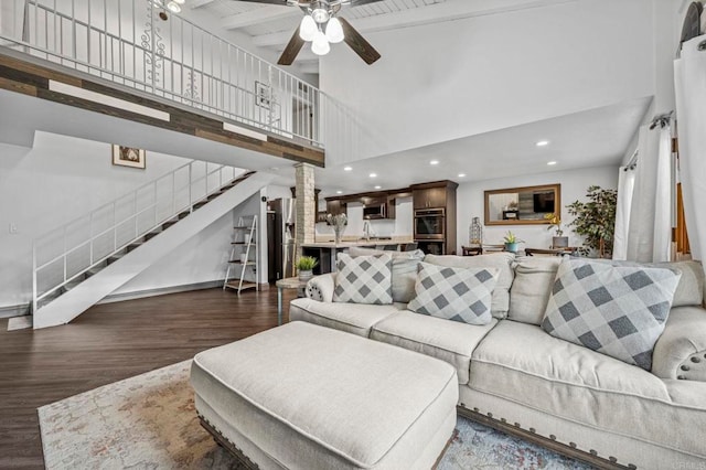 3404 Oak Cliff Dr Unit 8, Fallbrook, CA 92028 - living room with wood finished floors, a ceiling fan, stairs, a high ceiling, and recessed lighting