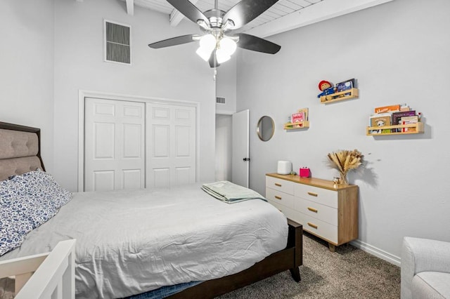 3404 Oak Cliff Dr Unit 8, Fallbrook, CA 92028 - bedroom with carpet flooring, beam ceiling, high vaulted ceiling, a closet, and a ceiling fan