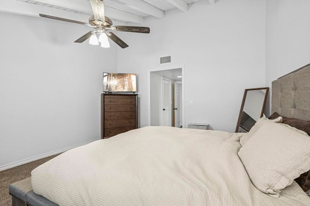 3404 Oak Cliff Dr Unit 8, Fallbrook, CA 92028 - carpeted bedroom with beam ceiling, ceiling fan, and a high ceiling