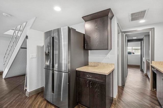 3404 Oak Cliff Dr Unit 8, Fallbrook, CA 92028 - kitchen featuring stainless steel fridge, dark wood-style flooring, dark brown cabinets, baseboards, and recessed lighting