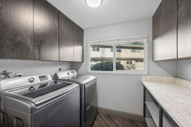 3404 Oak Cliff Dr Unit 8, Fallbrook, CA 92028 - laundry room featuring cabinet space, washer and clothes dryer, baseboards, and dark wood finished floors