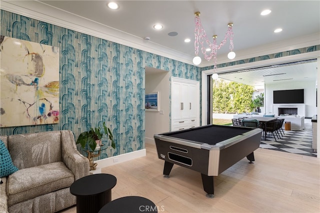 1110 Kings Rd, Newport Beach, CA 92663 - playroom with wallpapered walls, pool table, wood finished floors, recessed lighting, and a fireplace