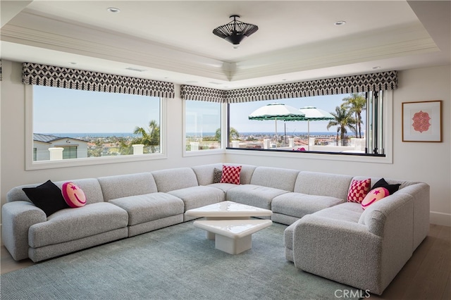 1110 Kings Rd, Newport Beach, CA 92663 - living area featuring a tray ceiling, wood finished floors, ornamental molding, and recessed lighting