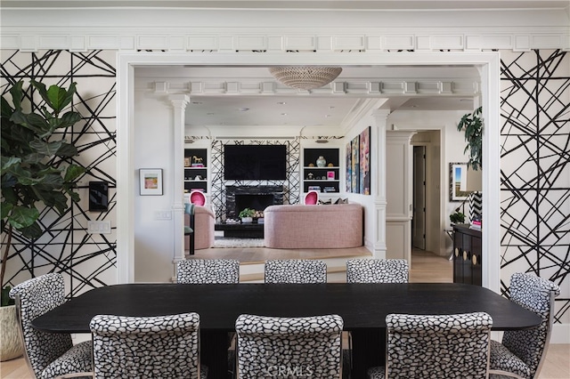 1110 Kings Rd, Newport Beach, CA 92663 - dining area featuring ornate columns, a fireplace, and ornamental molding