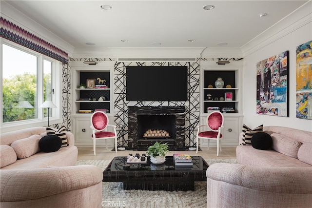 1110 Kings Rd, Newport Beach, CA 92663 - living area featuring crown molding, a fireplace with flush hearth, built in features, and wood finished floors
