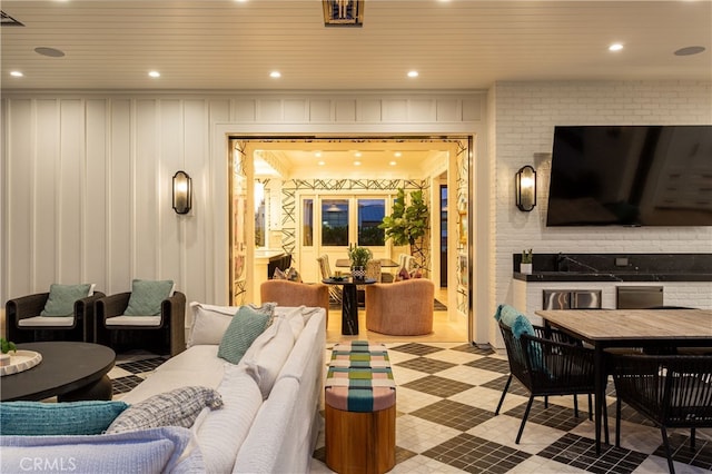 1110 Kings Rd, Newport Beach, CA 92663 - building lobby with wooden ceiling, recessed lighting, and ornamental molding