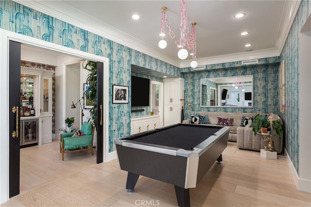 1110 Kings Rd, Newport Beach, CA 92663 - rec room with wallpapered walls, ornamental molding, billiards table, light wood-style flooring, and recessed lighting