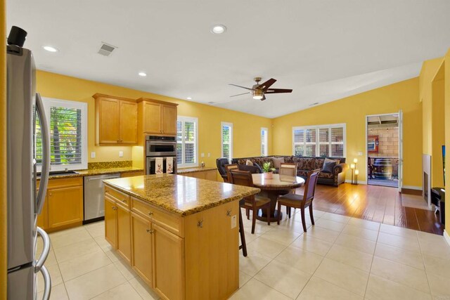 907 Rockwell Springs Ct, Escondido, CA 92025 - kitchen with stainless steel appliances, open floor plan, ceiling fan, plenty of natural light, and lofted ceiling