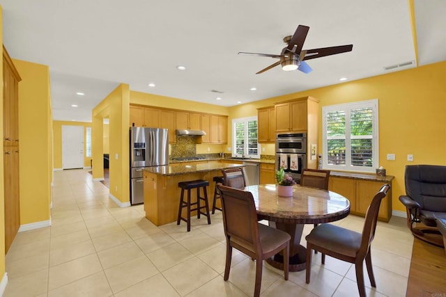 907 Rockwell Springs Ct, Escondido, CA 92025 - dining room with light tile patterned floors, a ceiling fan, recessed lighting, and baseboards