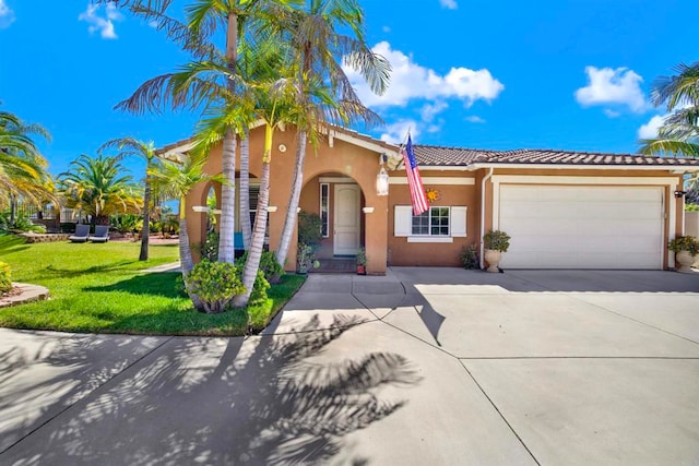 907 Rockwell Springs Ct, Escondido, CA 92025 - mediterranean / spanish-style home with stucco siding, concrete driveway, a garage, a front lawn, and a tiled roof