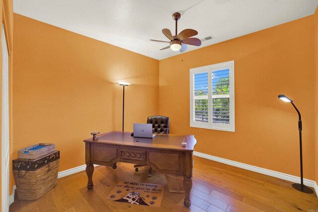 907 Rockwell Springs Ct, Escondido, CA 92025 - office space with wood-type flooring, ceiling fan, and baseboards