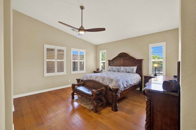 907 Rockwell Springs Ct, Escondido, CA 92025 - bedroom with vaulted ceiling, hardwood / wood-style flooring, baseboards, and ceiling fan