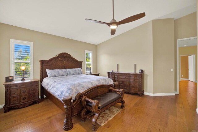 907 Rockwell Springs Ct, Escondido, CA 92025 - bedroom with lofted ceiling, wood finished floors, baseboards, and ceiling fan