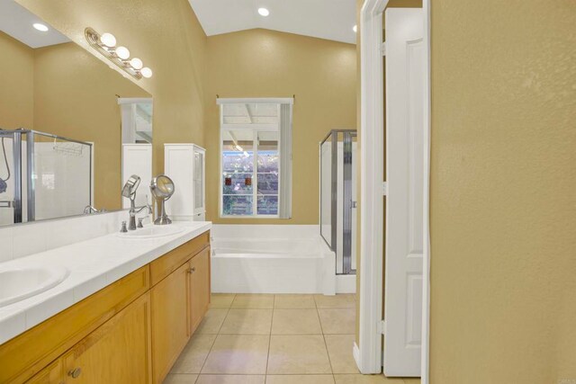 907 Rockwell Springs Ct, Escondido, CA 92025 - full bath with a garden tub, tile patterned flooring, double vanity, a shower with door, and lofted ceiling